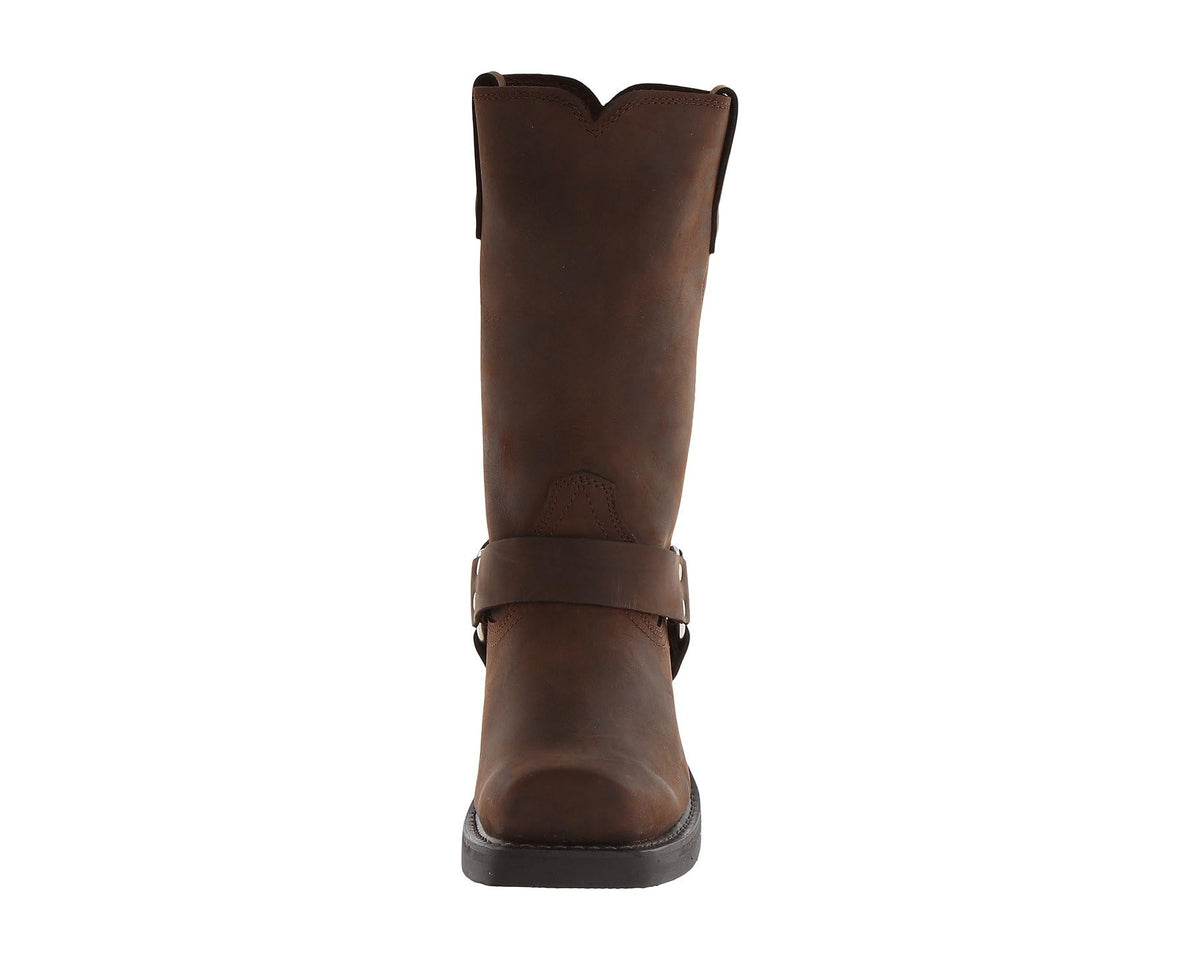 Men's dark brown mid-calf boots rear view with strap and stacked sole
