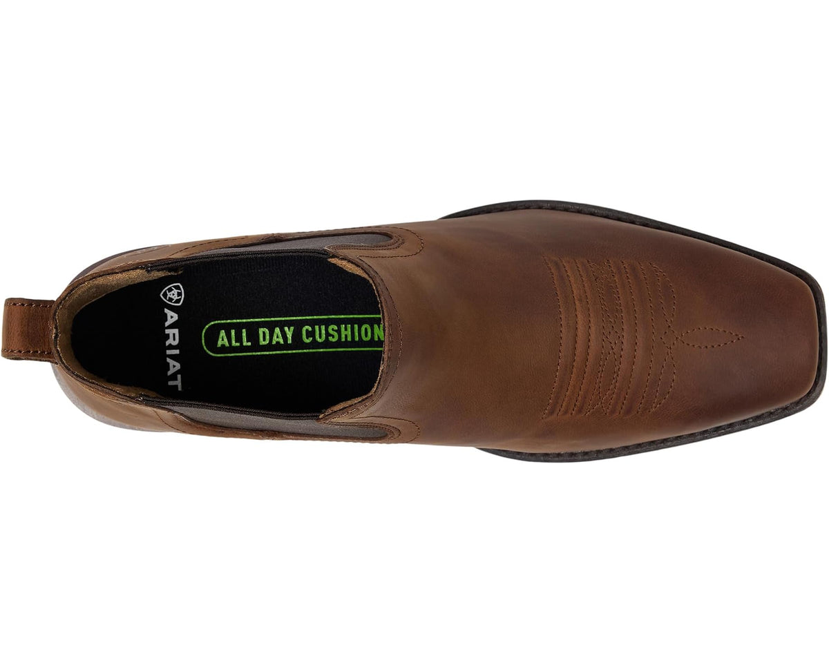Rough tan Ariat boots with cushioned insole lining, square toe opening