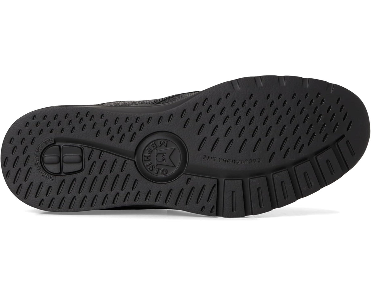 Men's black rubber outsole with traction tread and Mephisto emblem