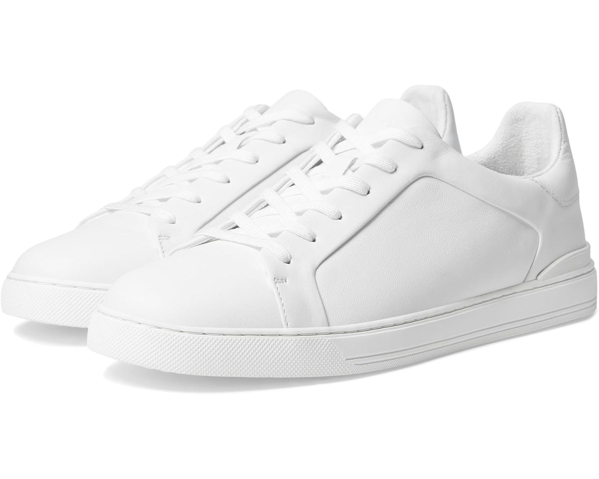 White lace-up low-top sneakers with smooth upper and rubber sole