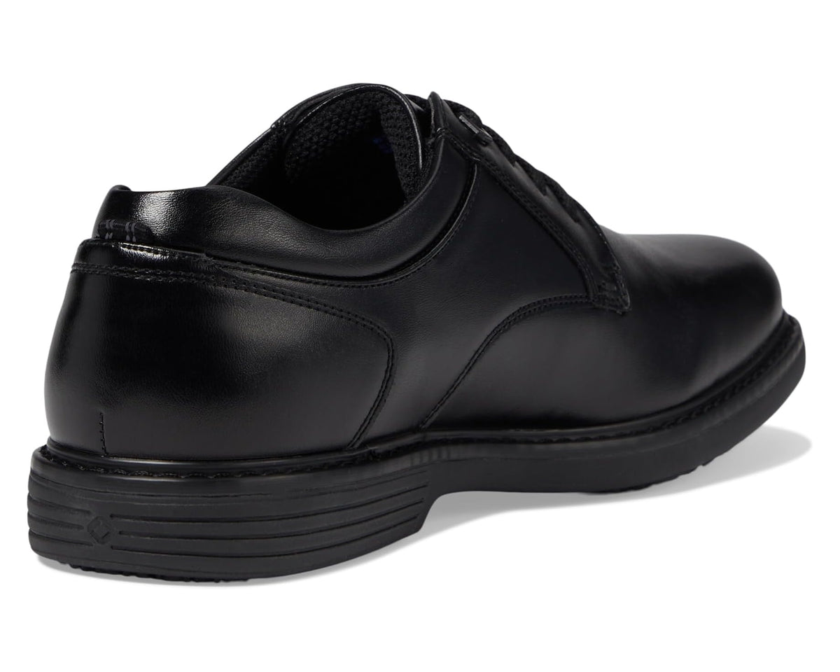 Black leather-like oxford shoe heel and back view with lace-up upper