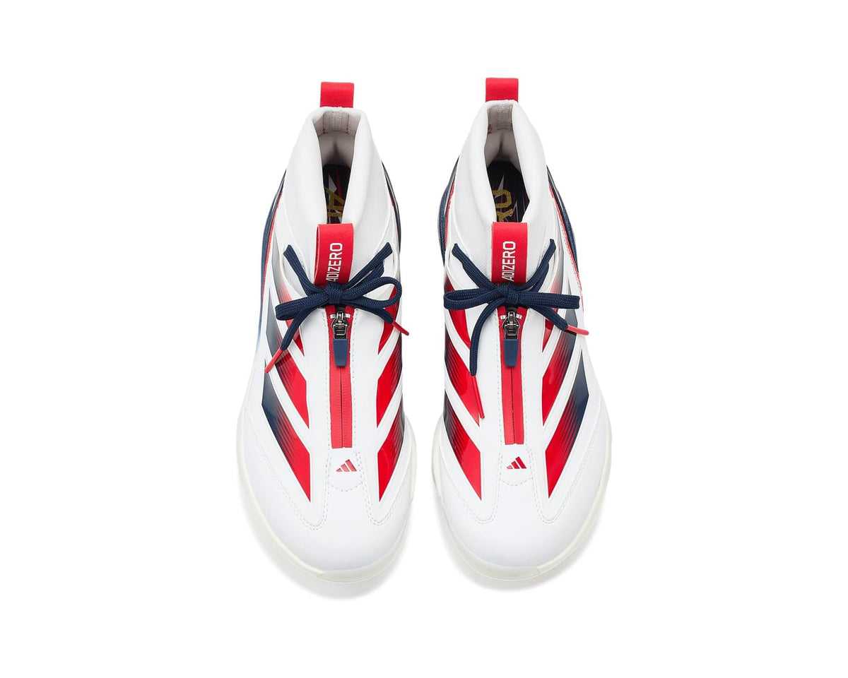 Pair of adidas baseball cleat shoes, white uppers with red and navy striped panels, lace-up