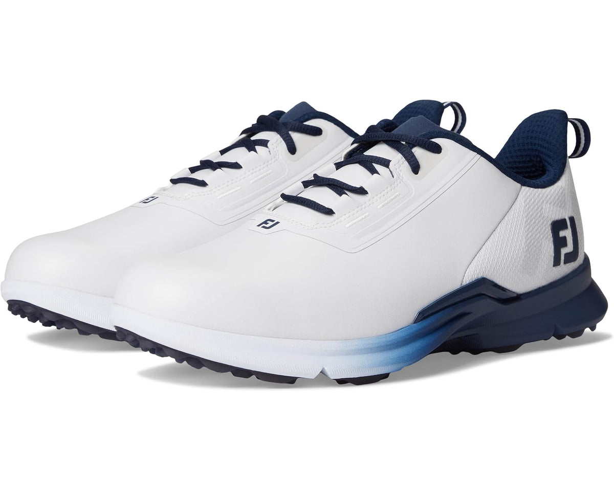 Golf shoes in white with navy accents, lace-up athletic design