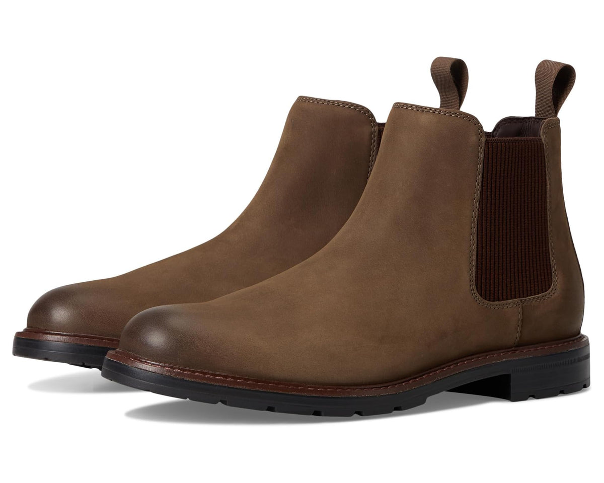Men's Chelsea boots in truffle nubuck with black elastic side panels and rubber sole
