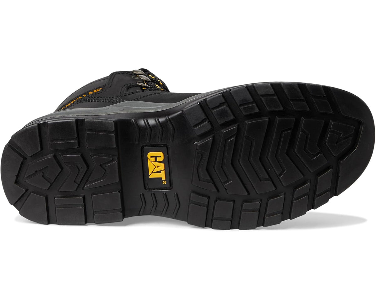 Men's black boot outsole with deep tread and CATERPILLAR logo
