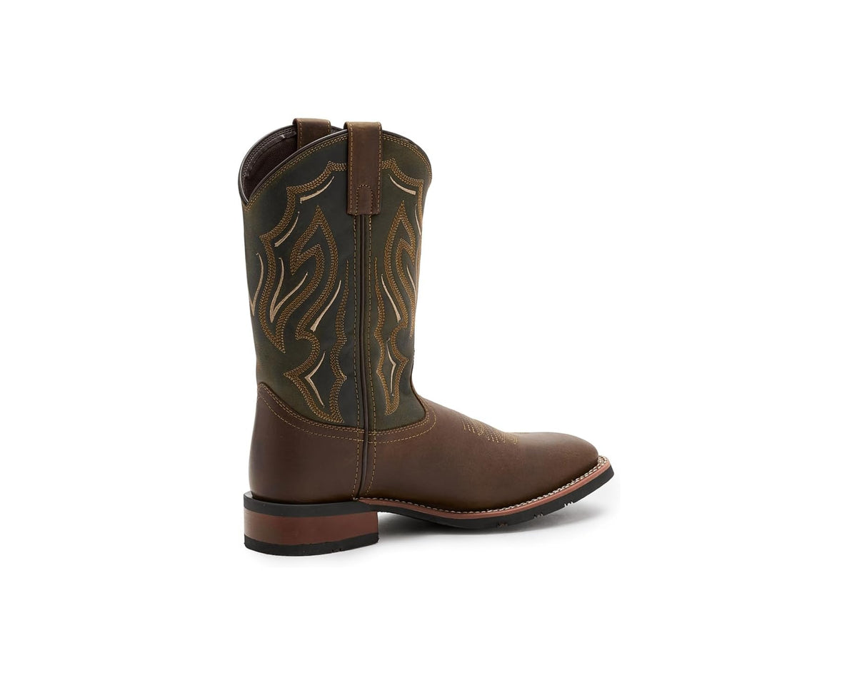 Brown western cowboy boots with low heel and detailed shaft stitching