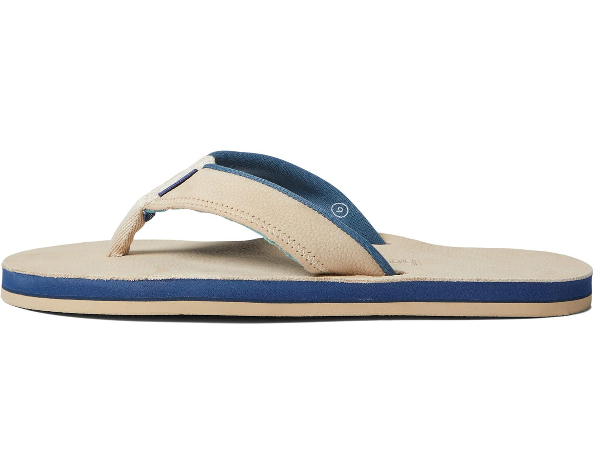 Men's hari mari flip-flop sandals showing sand strap with blue edge and tan sole