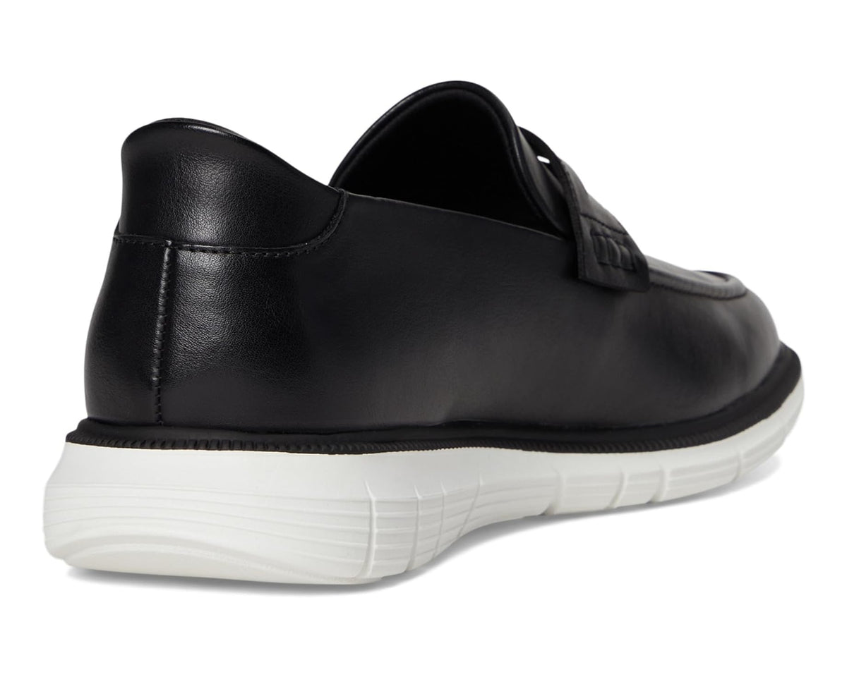 Men's black leather loafer back view with cushioned heel and white sole