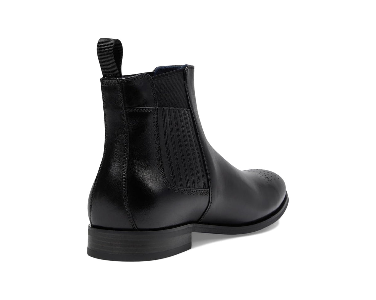 Men's black Chelsea boot heel and back view with elastic gore and pull tab