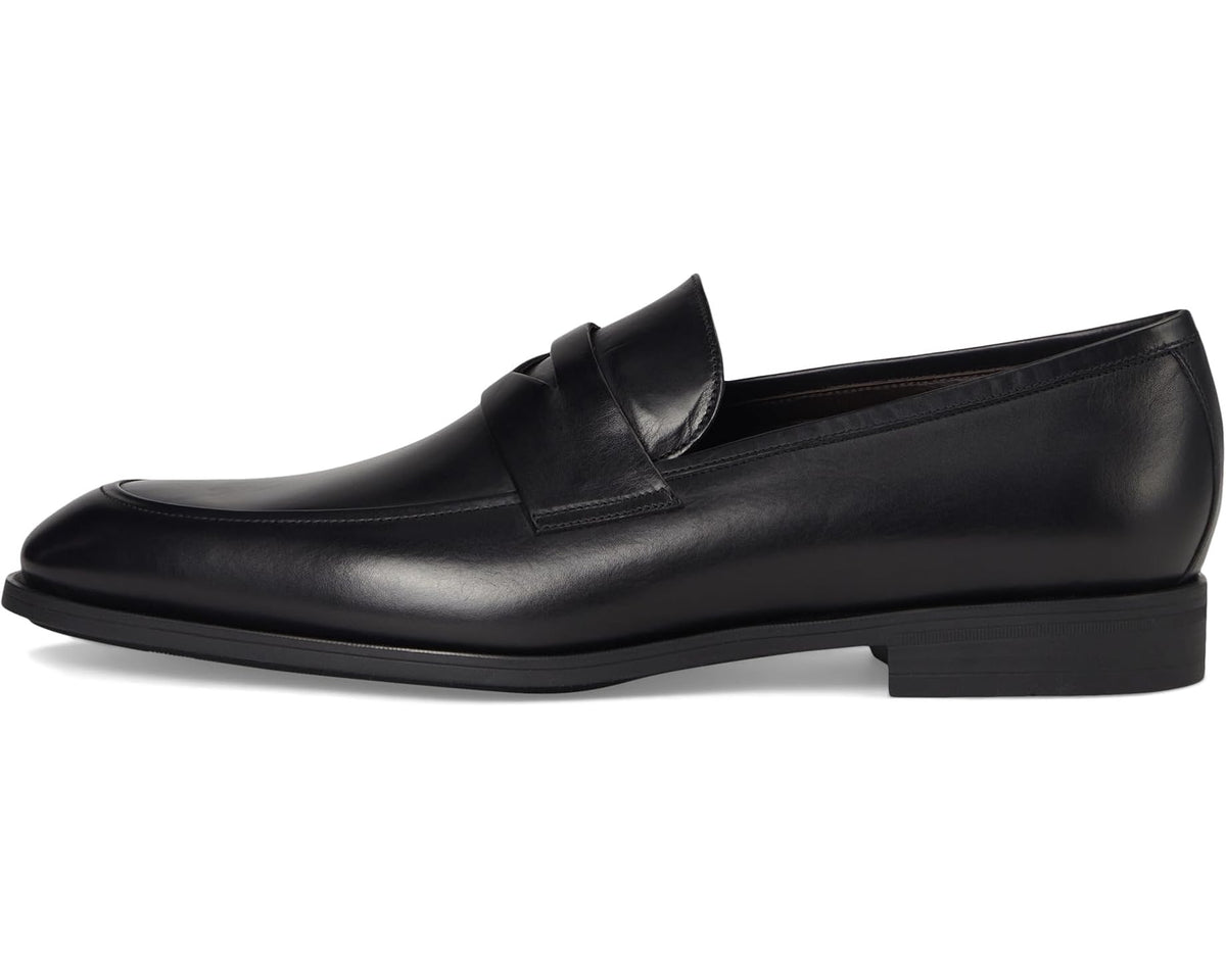 Black leather slip-on loafer with side strap and block heel