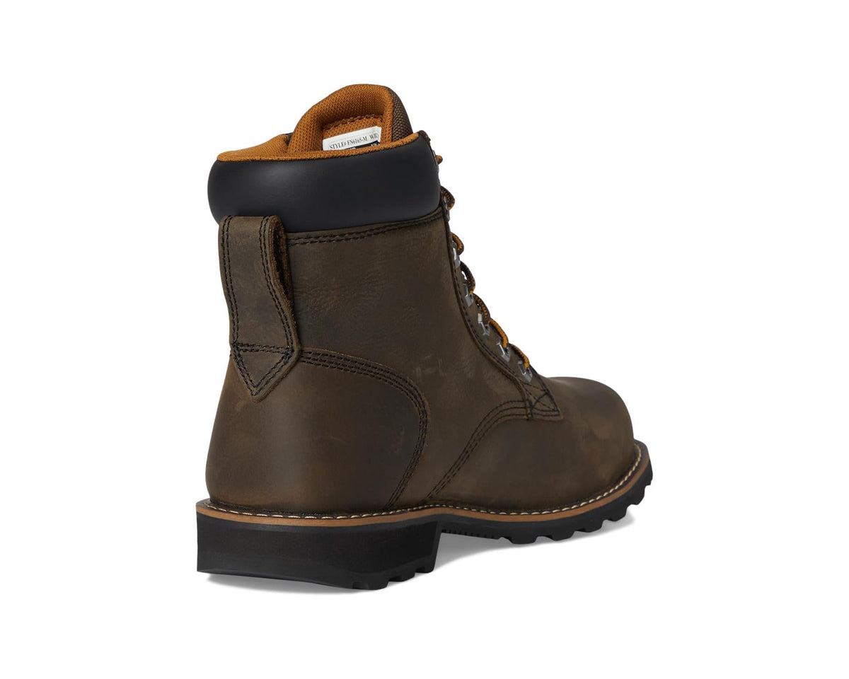 Mossy brown boot heel and ankle view with lace loops and low-profile sole