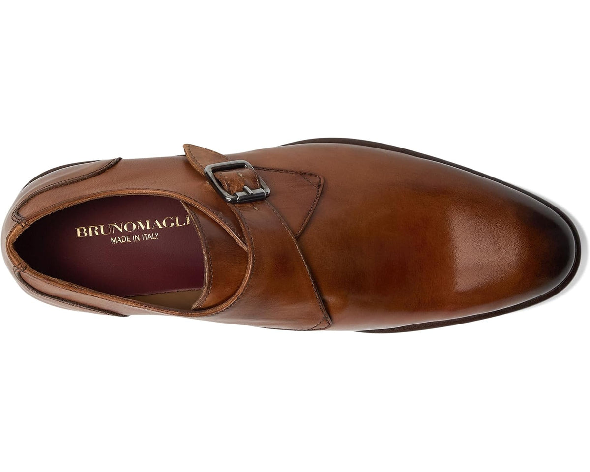 Men's brown leather monk strap dress shoe, side view with buckle