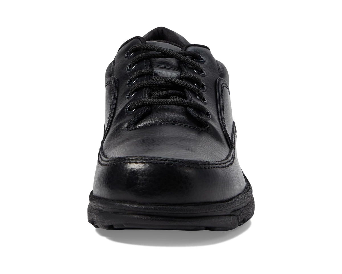 Black leather lace-up sneaker front view with multiple eyelets