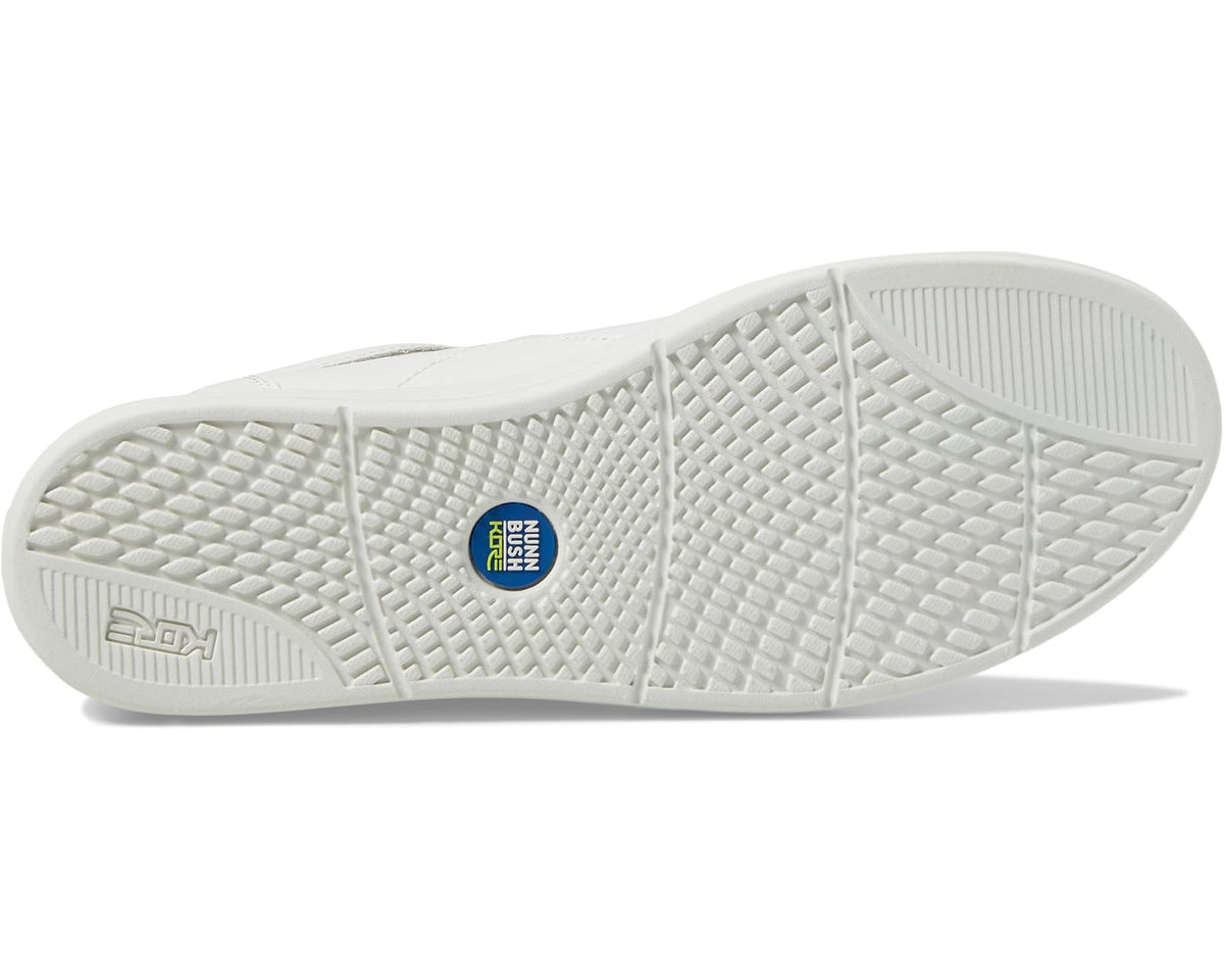 Men's white sneaker outsole view with textured tread and cushioned midsole