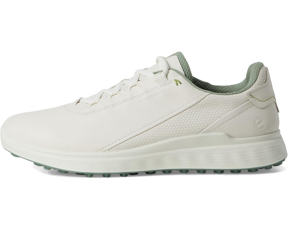 White ECCO Golf lace-up golf shoe with side stripe and green collar