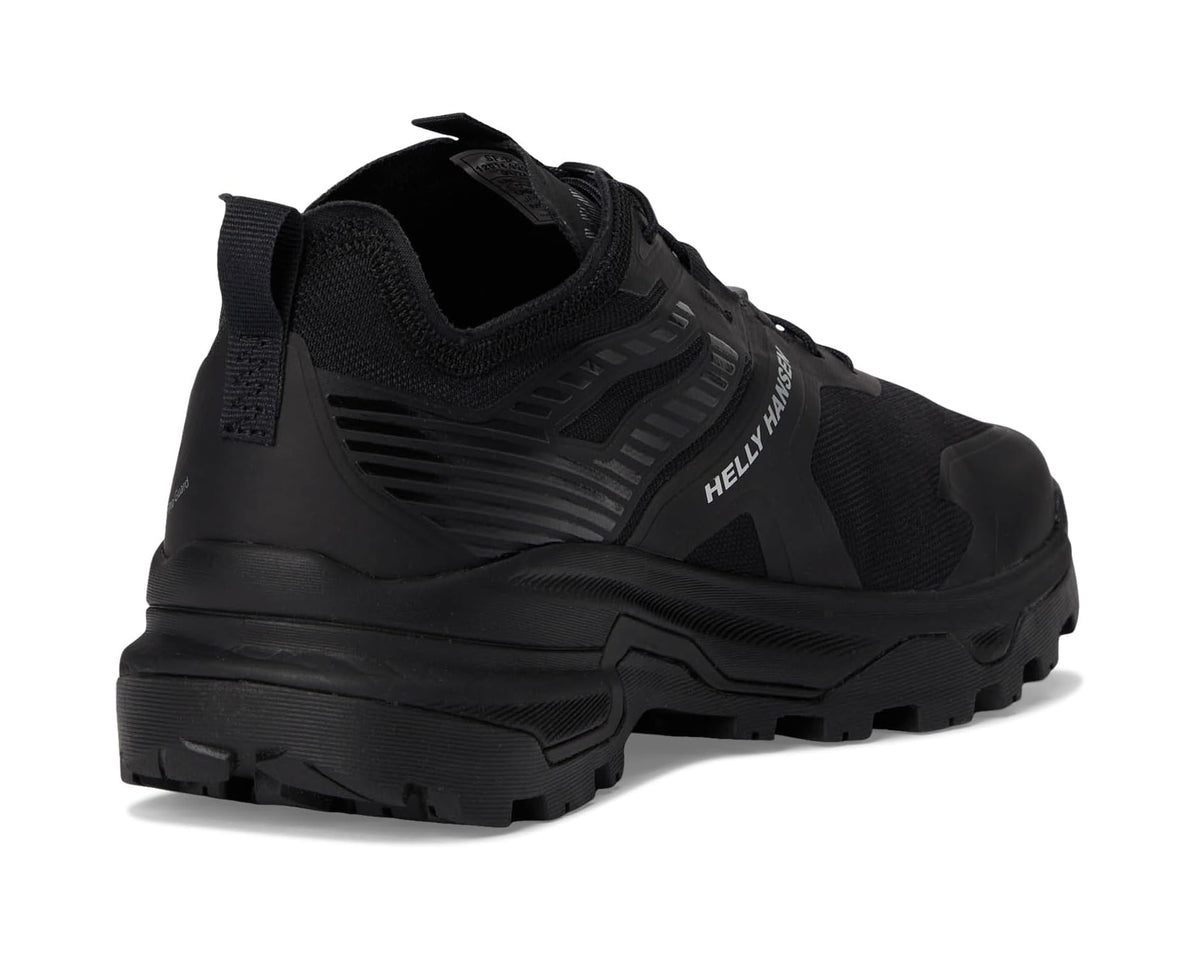 Black hiking shoes heel and side profile with cushioned collar