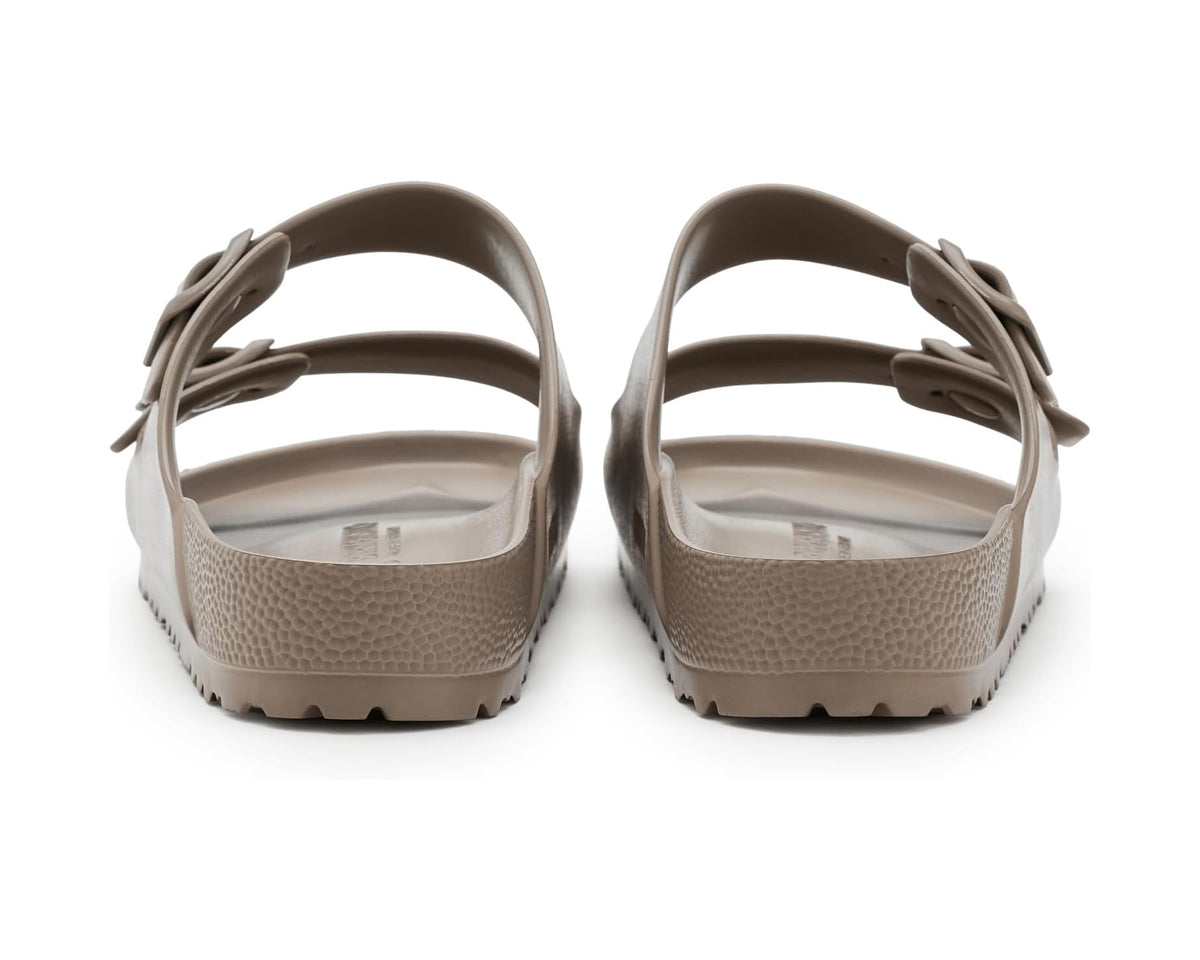 Men's Birkenstock Arizona EVA sandals, gray taupe back view, cushioned footbed and heel