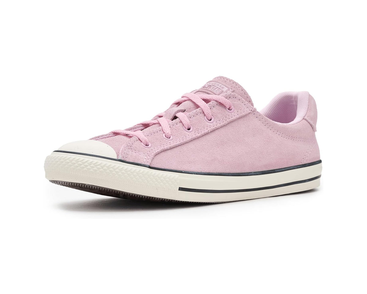 Pink suede low-top sneaker with lace-up closure and black-and-white sole edge