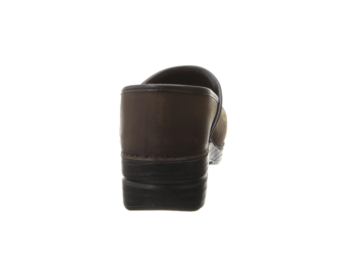 Antique brown oiled leather clog, back view with padded collar and heel tab