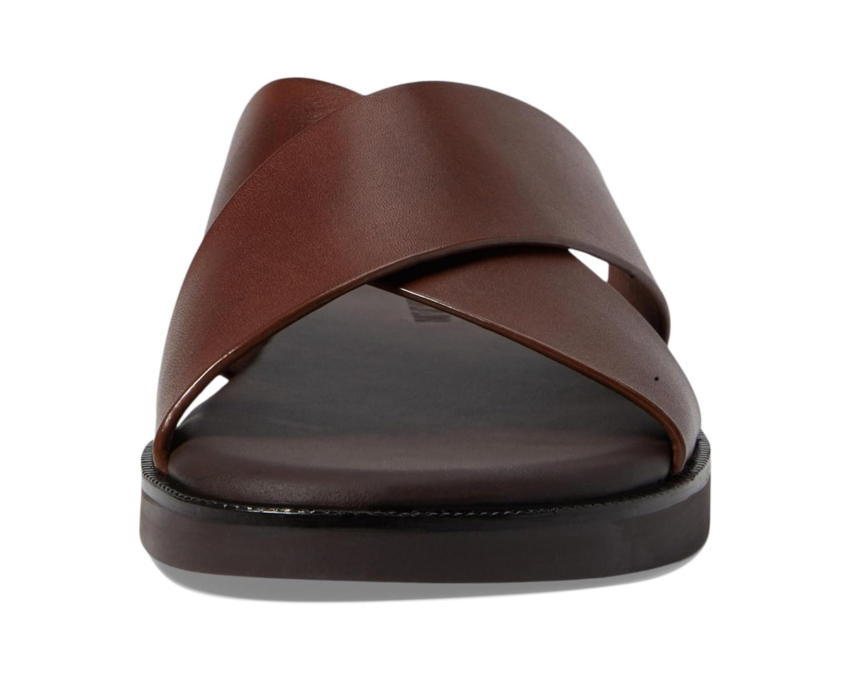 Men's dark brown leather slide sandals with wide crisscross strap and open toe