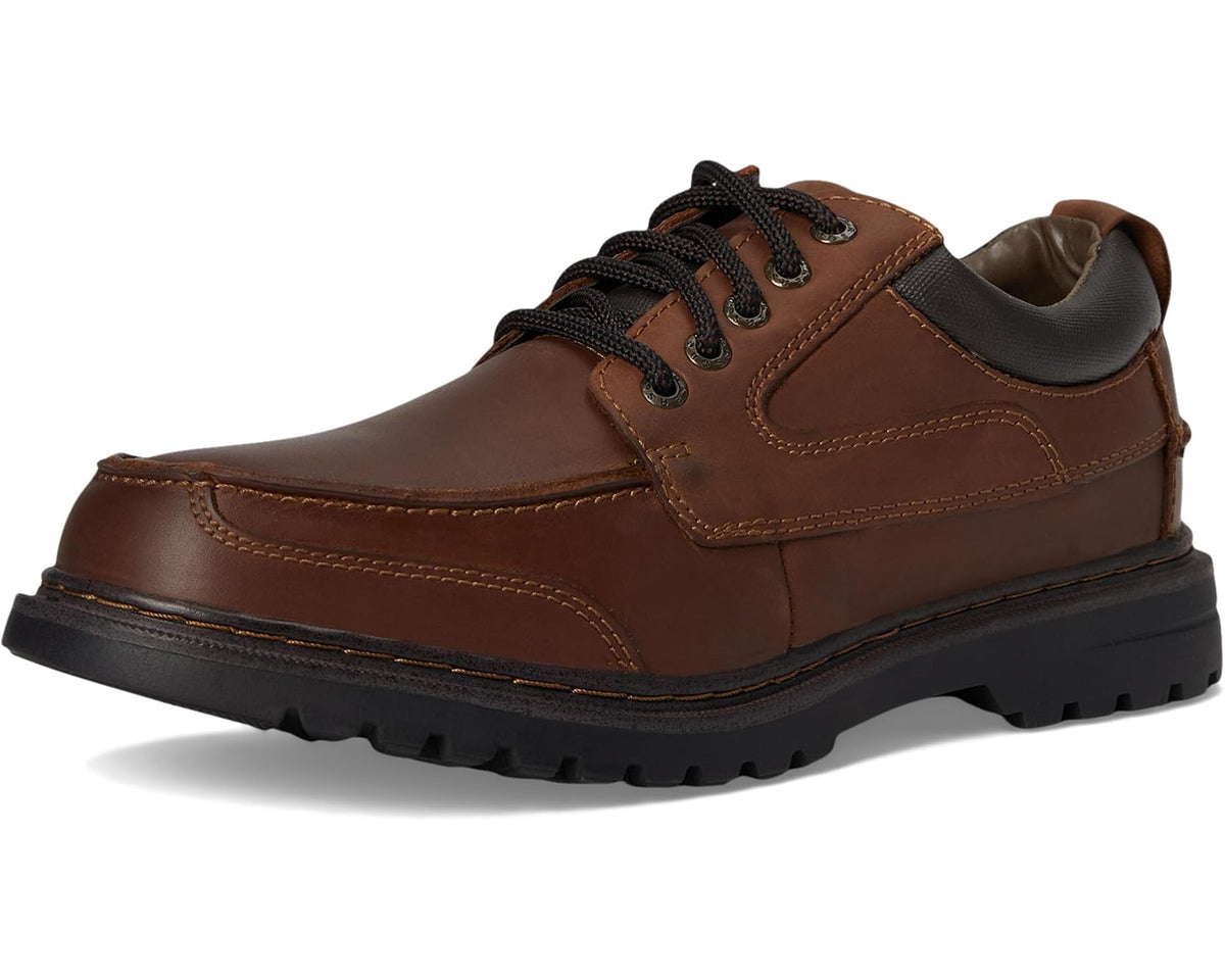 Men's brown leather lace-up work shoe front view with black laces and rubber sole