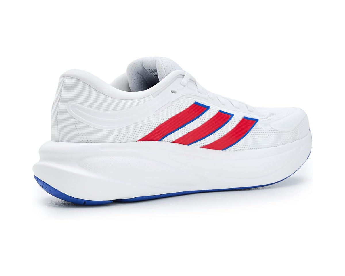 Men's adidas Response 2 running shoes, side view with red and blue stripes on white