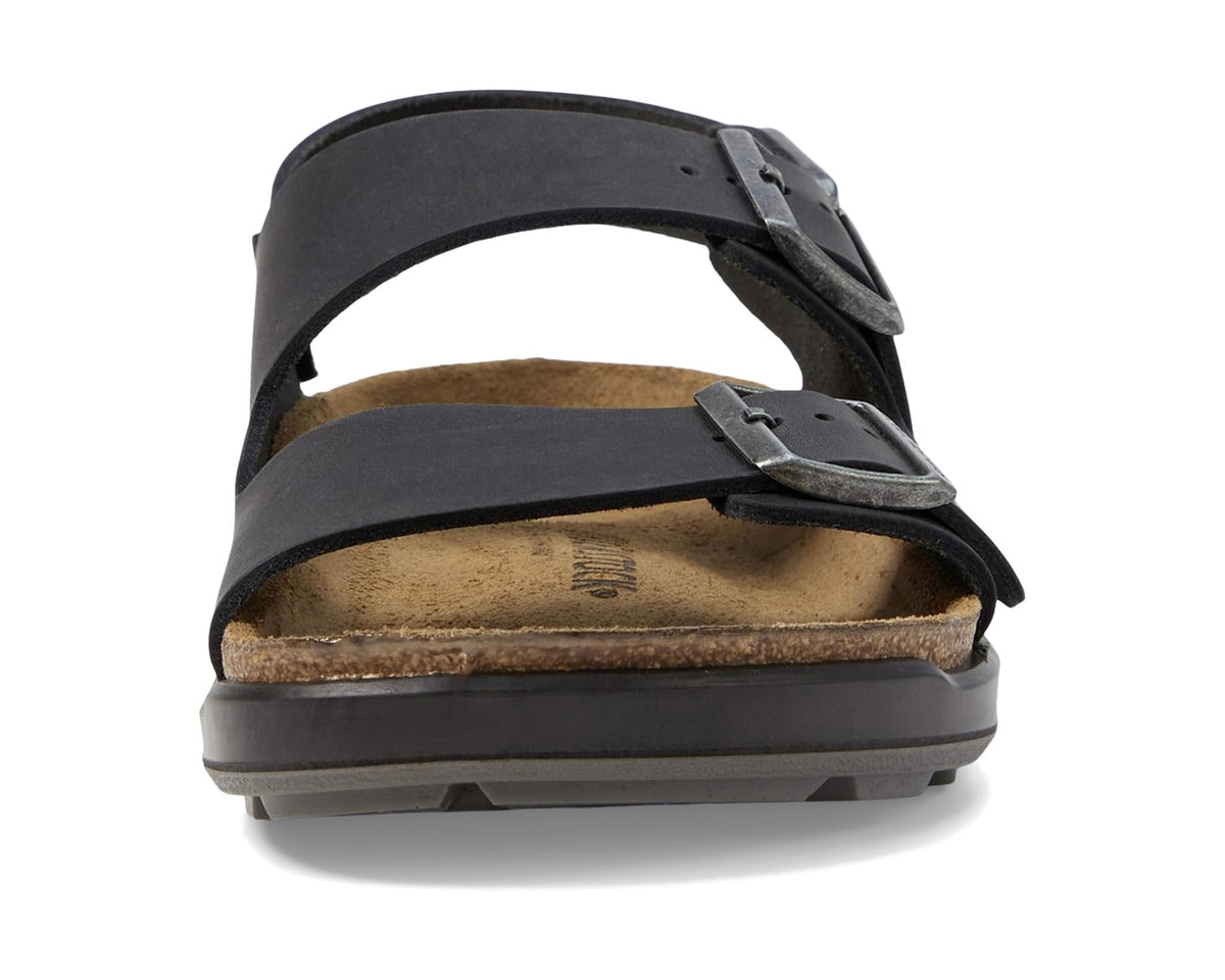 Men's Milano sandals in black oiled leather with wide cross-strap and buckle