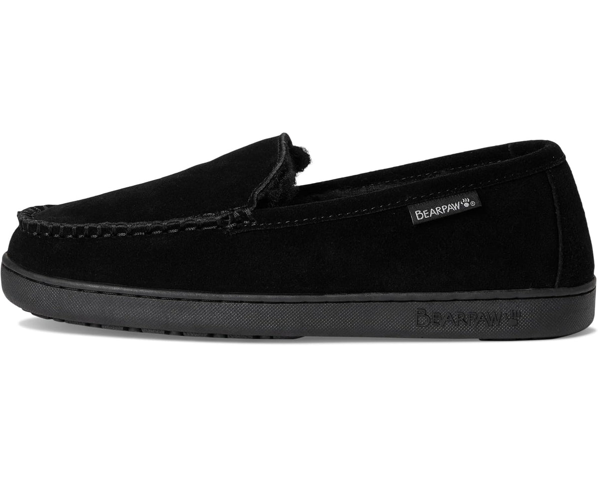 Men's black suede slip-on loafer with V-notch collar and BEARPaw tag