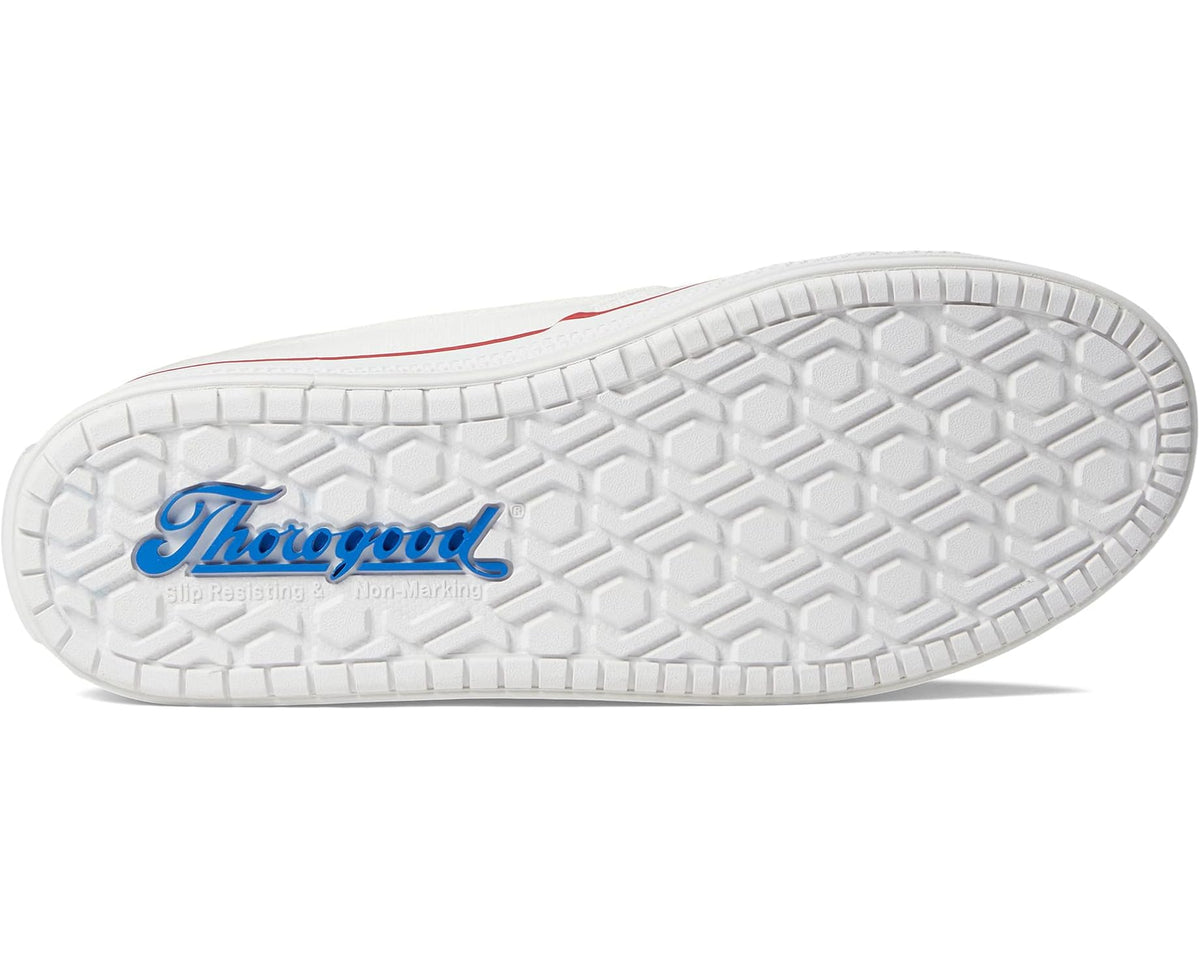 Unisex white mid-top safety sneaker outsole with traction tread and Thorogood logo