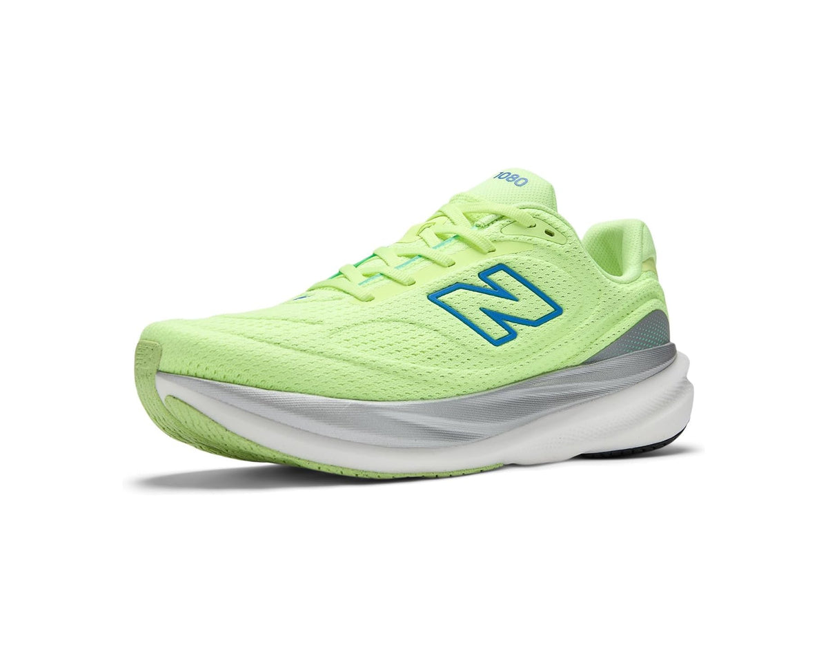Men's New Balance 1080v15 running shoes: neon green upper, blue N, gray midsole