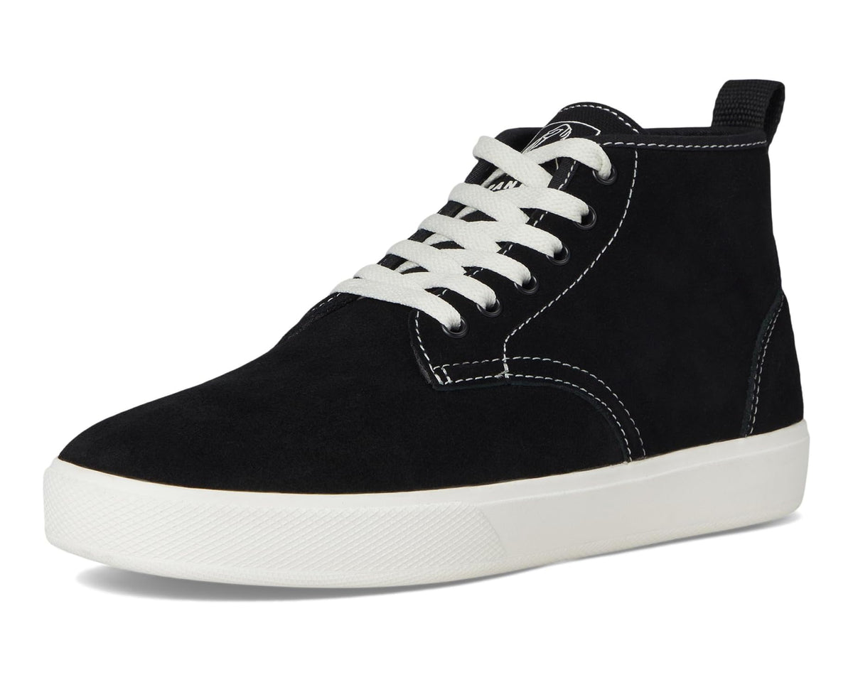 Men's black suede high-top sneakers with white laces and low-profile rubber sole