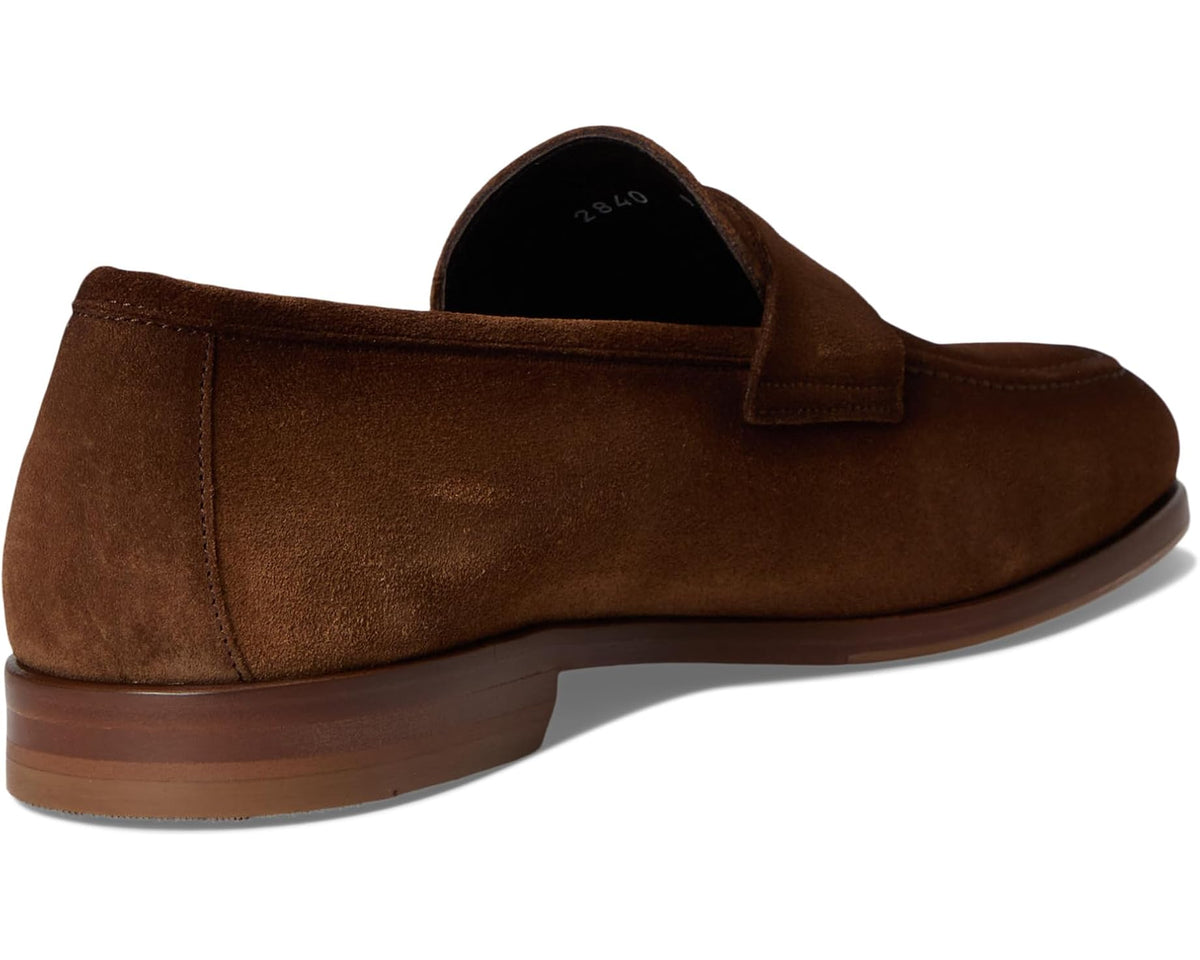Chocolate suede loafer heel view with stitched trim and cushioned topline