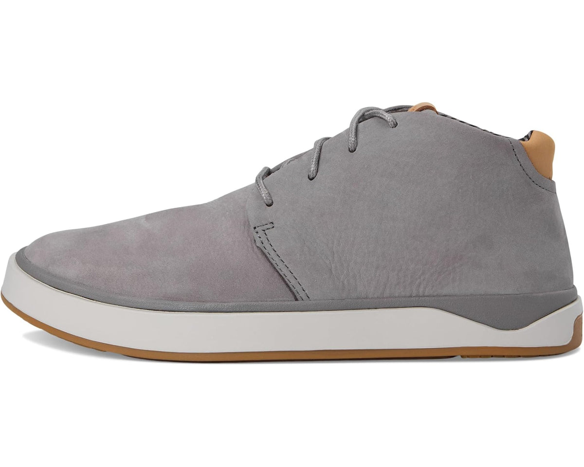 Graphite suede chukka boot on side view, lace-up and contrasting off-white midsole