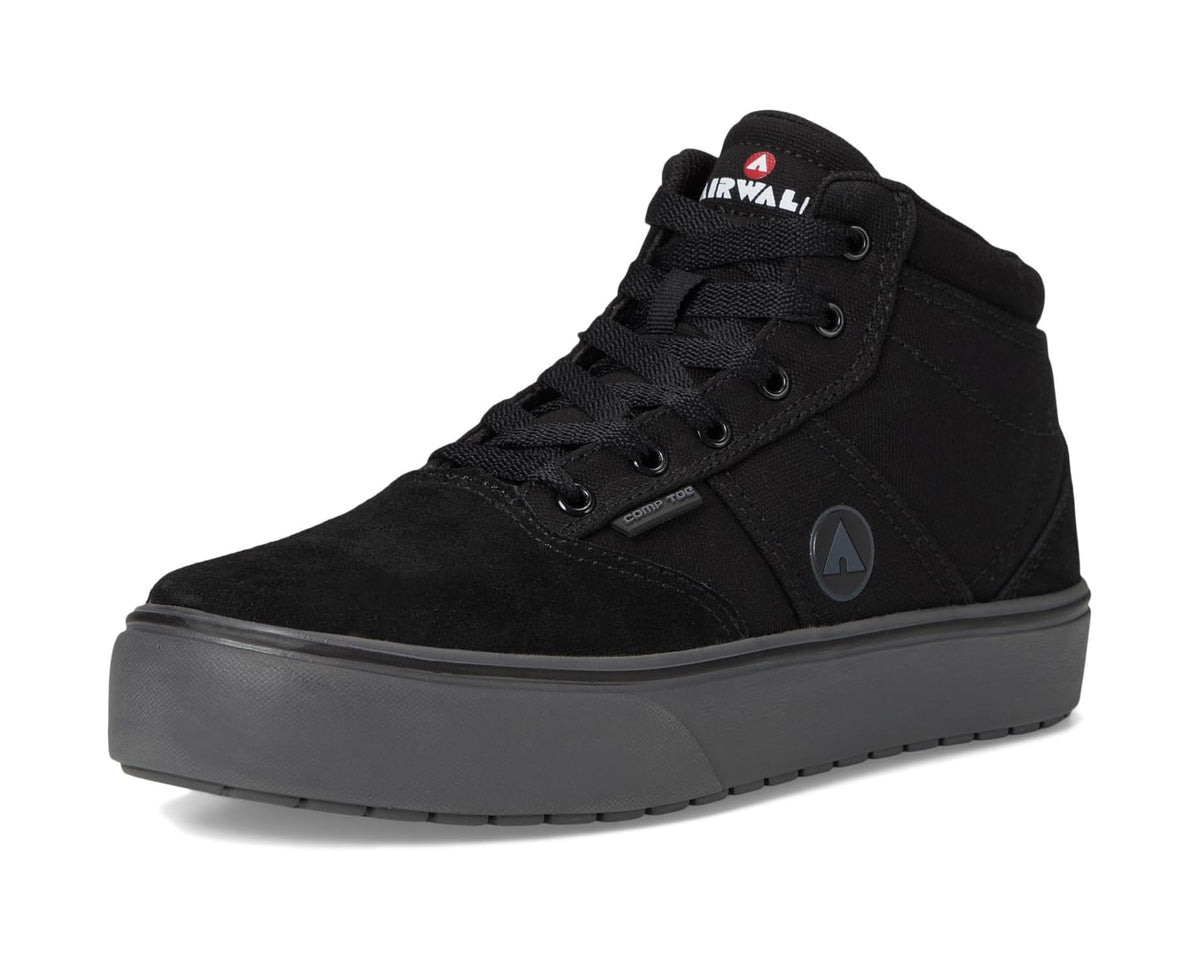 Black lace-up mid boots with thick rubber sole and Airwalk logo on side