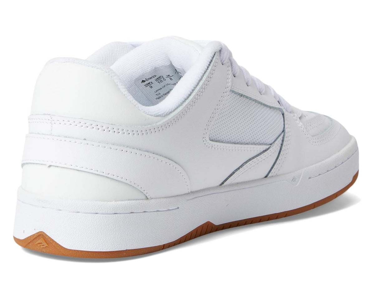 White Emerica skate sneakers with rear panel stitching and gum-brown outsole