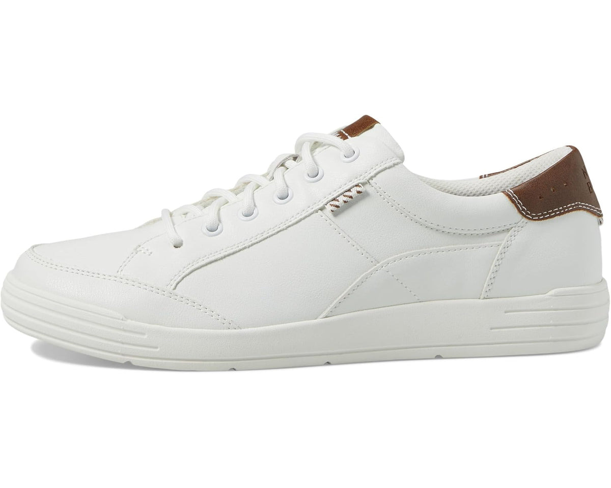 Men's white lace-up sneaker with brown heel tab detail and low-profile sole