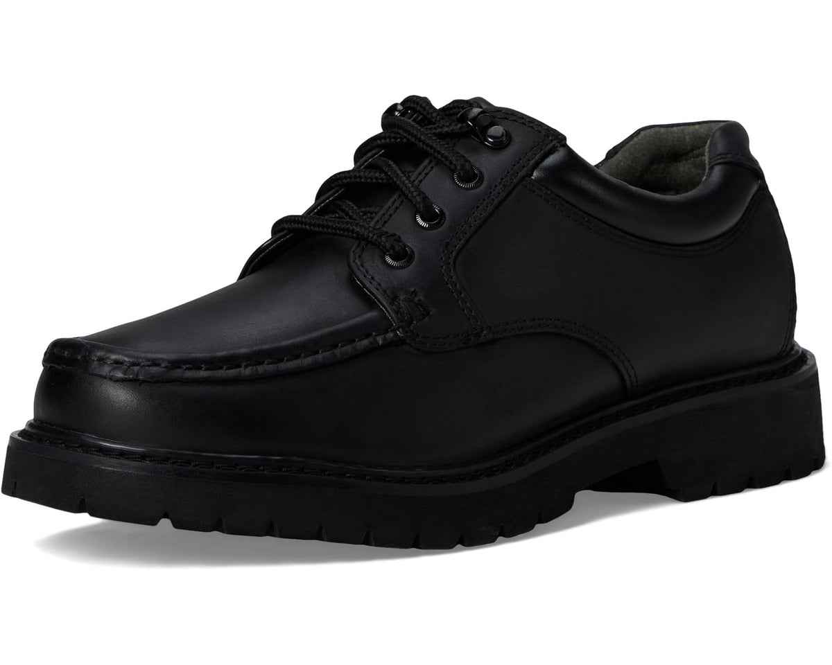 Black lace-up casual shoe with rounded toe, padded collar, and thick rubber sole.