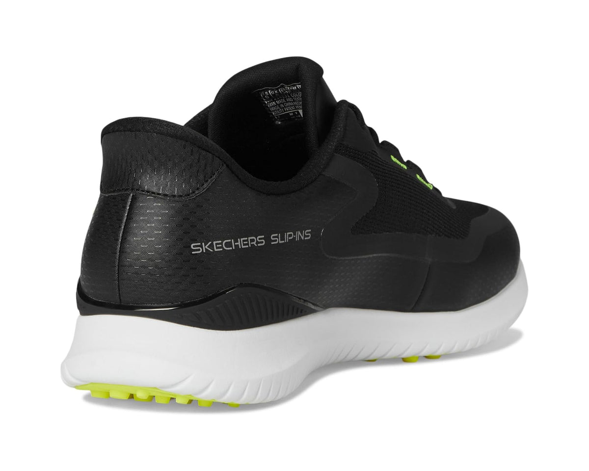 Black slip-in golf shoe heel and side view, neon green detailing with white sole