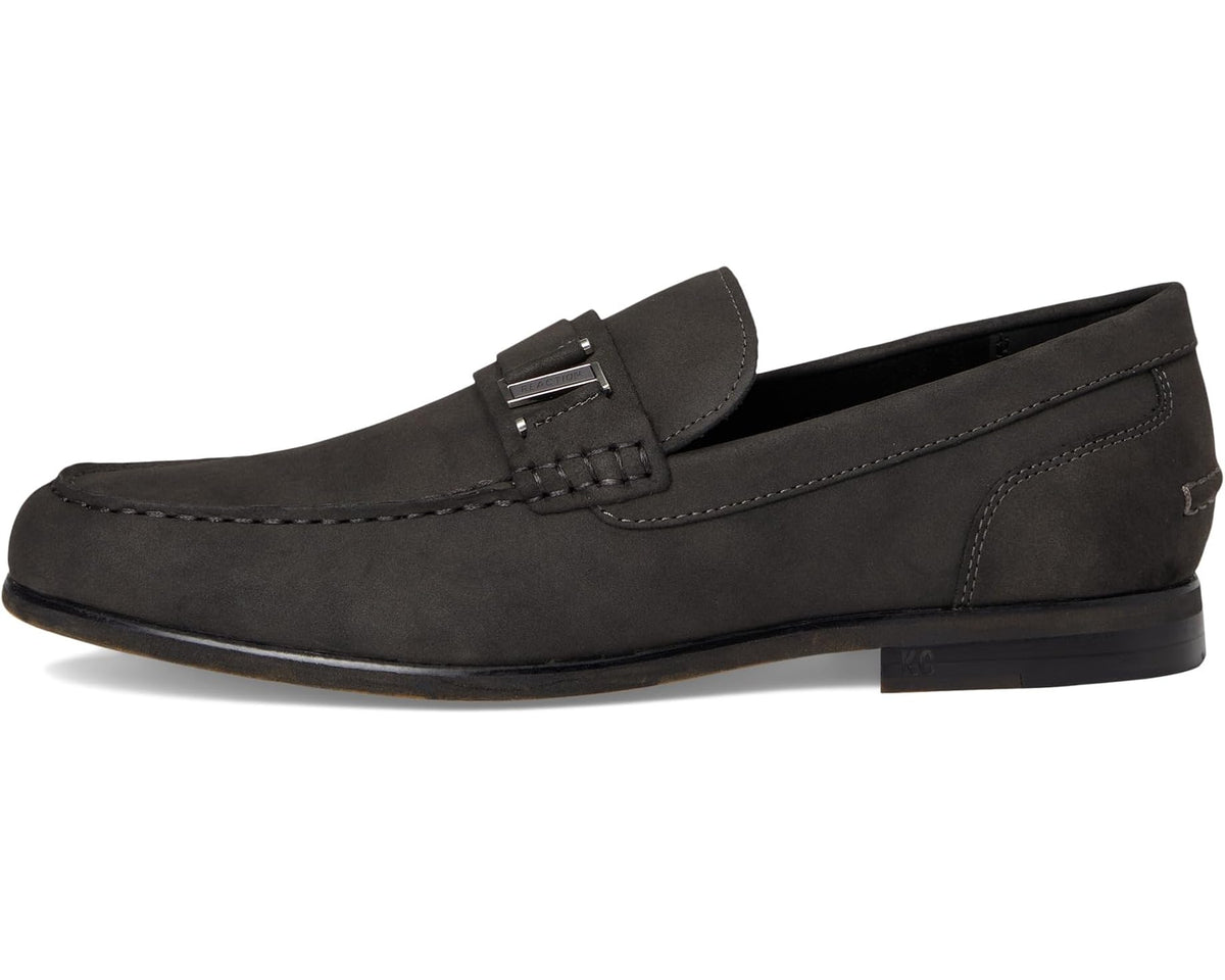 Dark grey suede belt oxford shoes with buckle ornament and side stitching