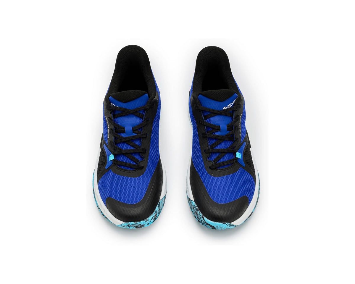 Pair of black and blue SKECHERS lace-up sneakers with white soles