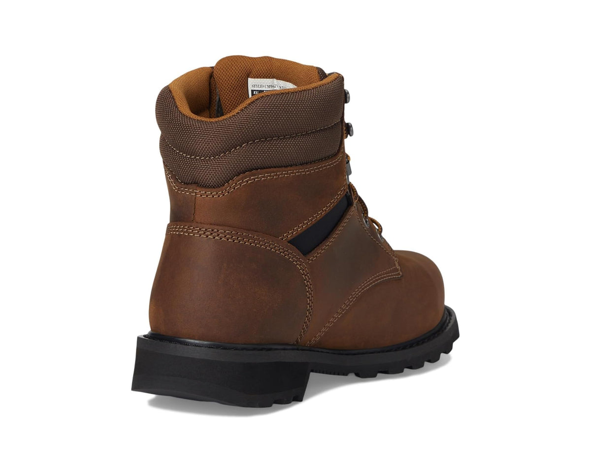 Brown leather ankle work boot with side panel stitching and black rubber sole