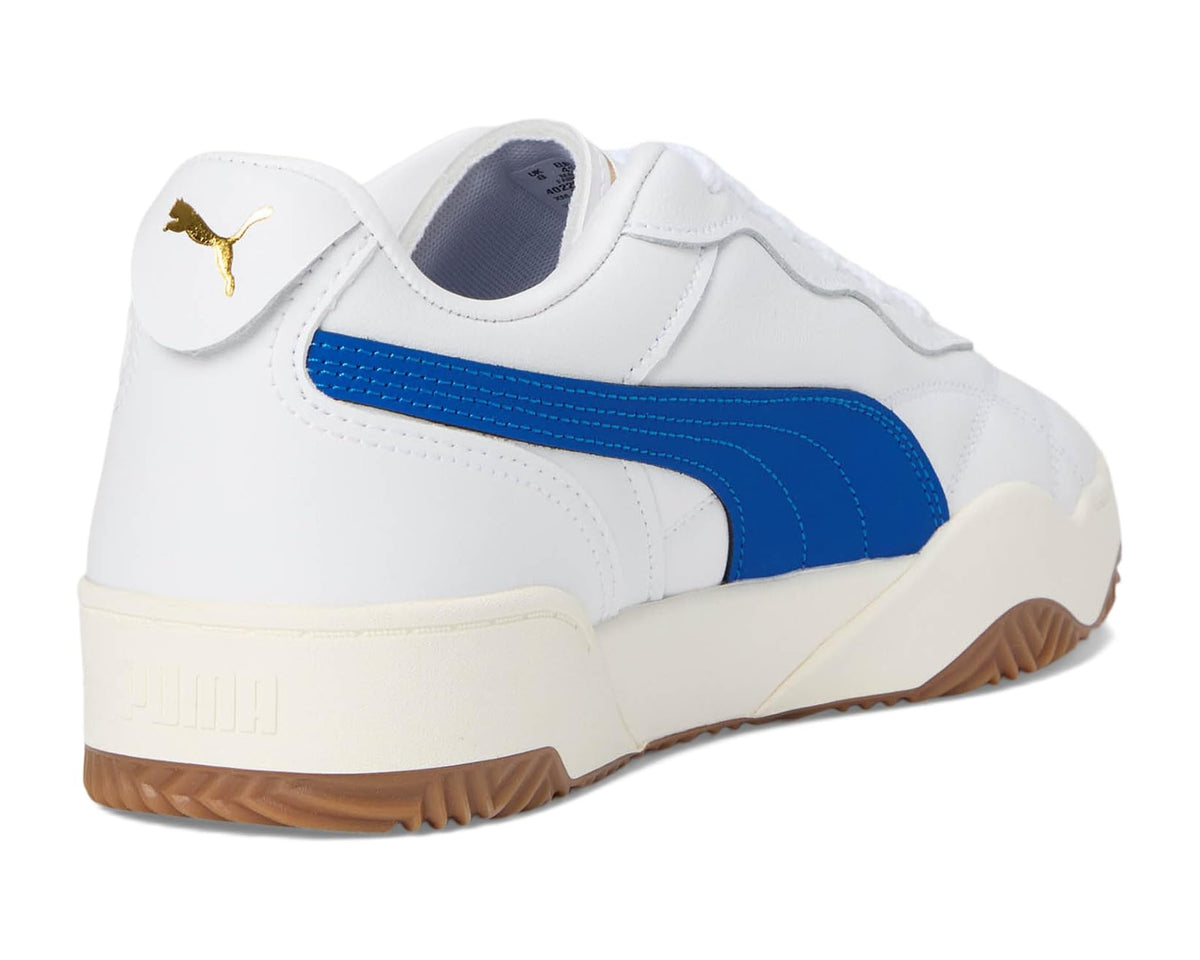 Men's white PUMA sneaker rear view with blue stripe and gum sole
