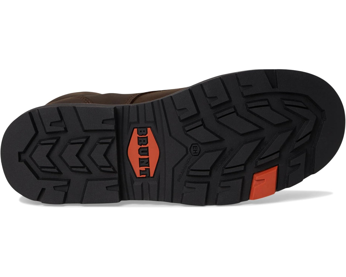 Men's brown boot outsole with rugged tread and BRUNT logo