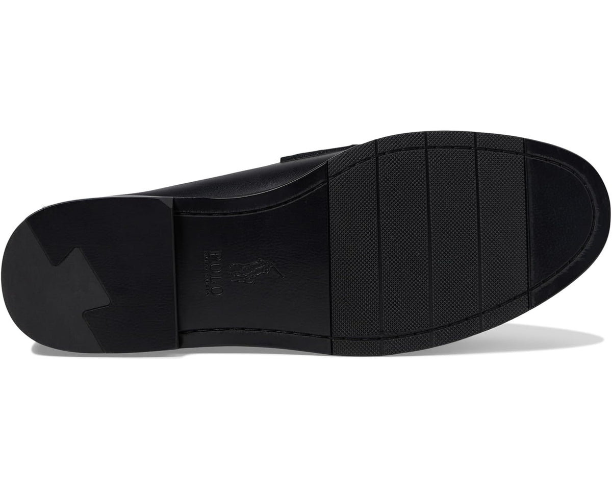 Black leather penny loafer outsole and heel with textured tread