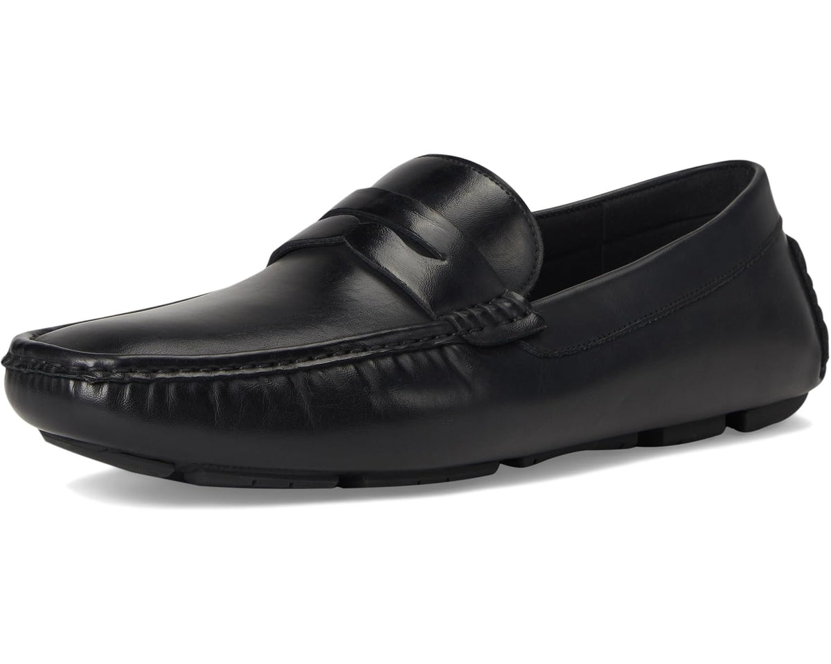 Black leather slip-on loafer with padded collar and moc-toe stitching