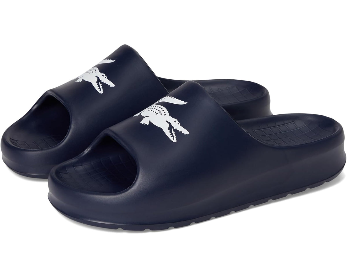 Men's Lacoste slide sandals in navy with white crocodile logo and textured footbed
