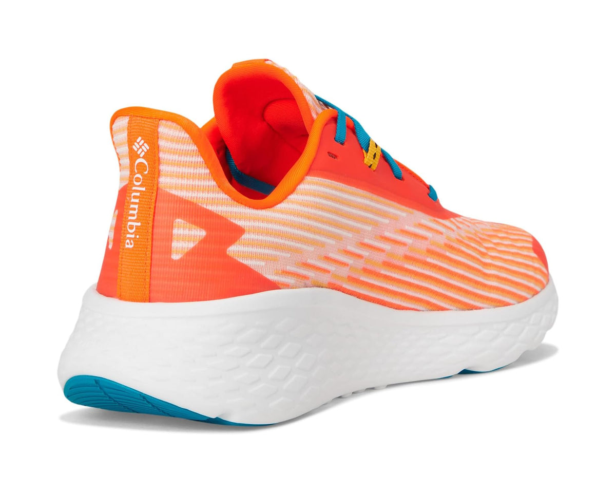 Men's Columbia running sneakers heel view, orange upper with teal accents and white sole
