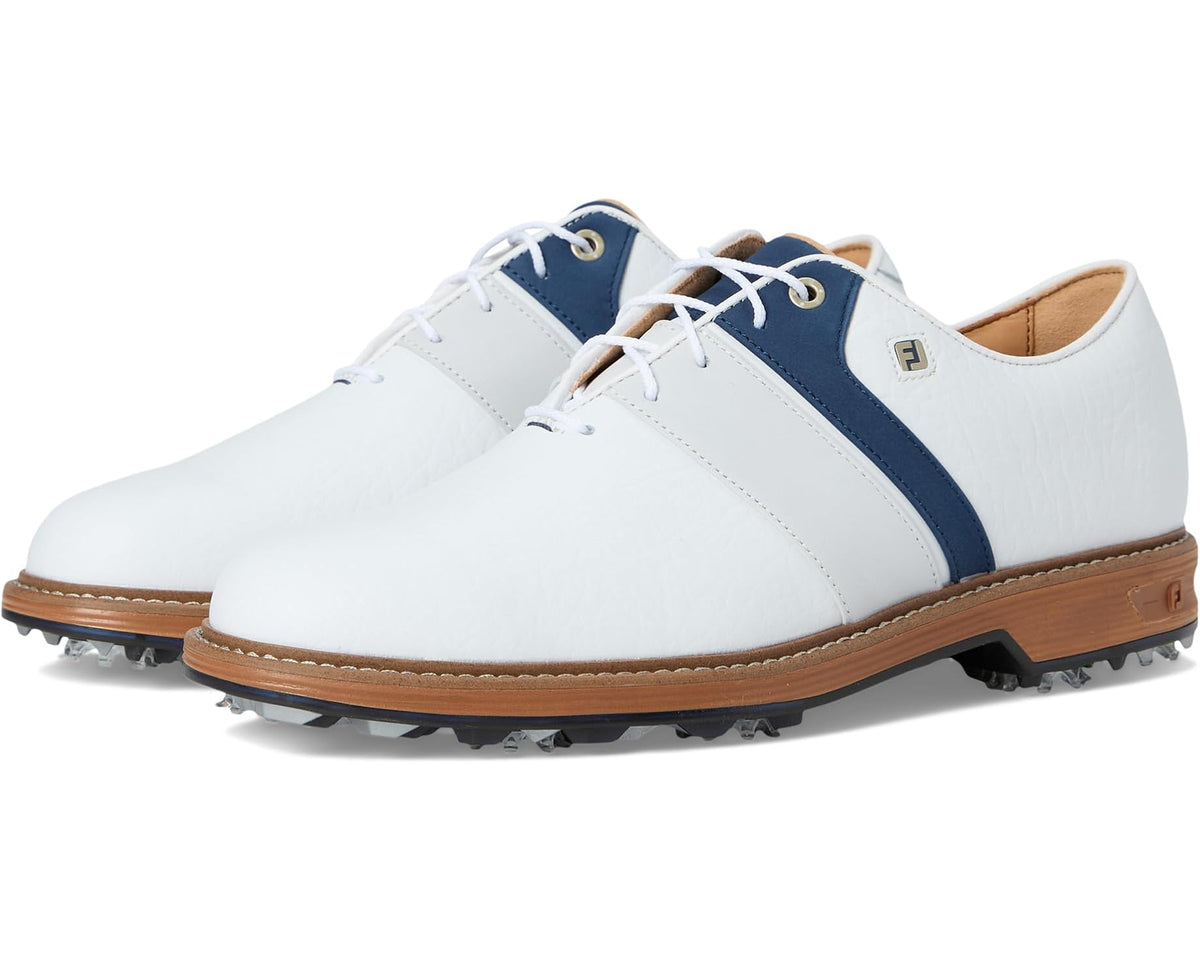 Men's FootJoy golf shoes in white with navy stripe and brown spiked outsole.
