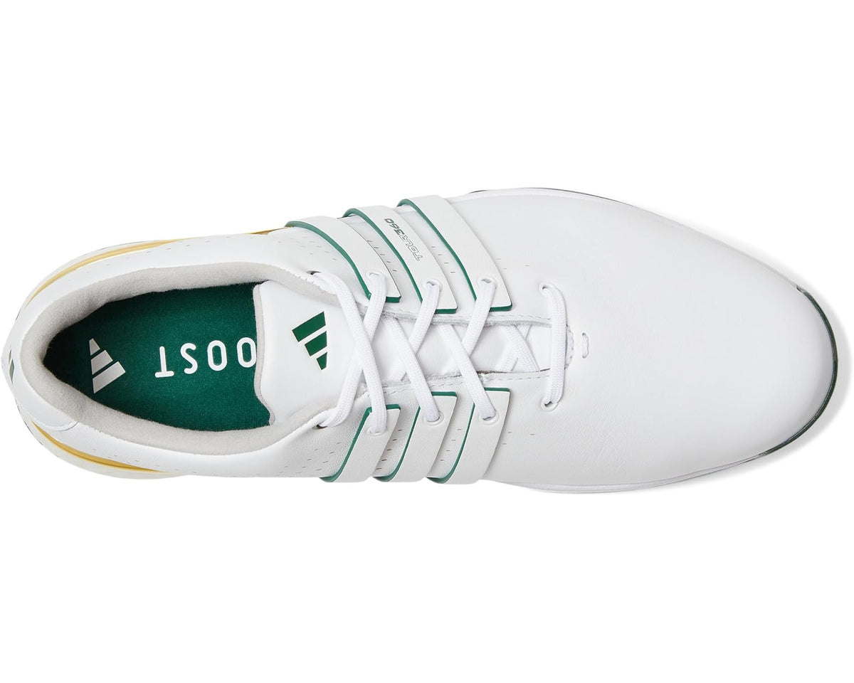 Men's adidas golf shoes, white with green interior lining and laces, side toe view