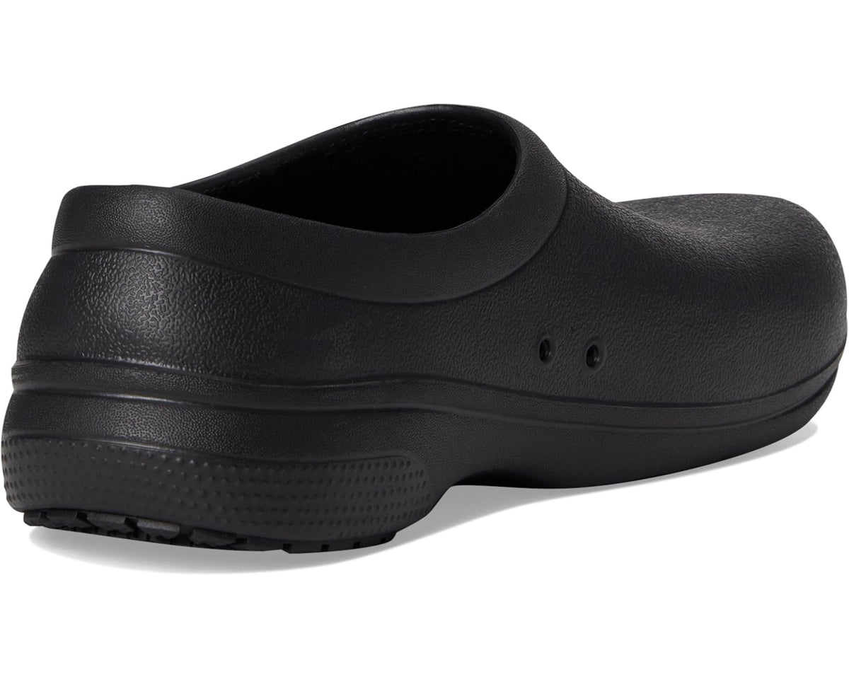 Black slip-on clog with textured heel panel and slip-on collar